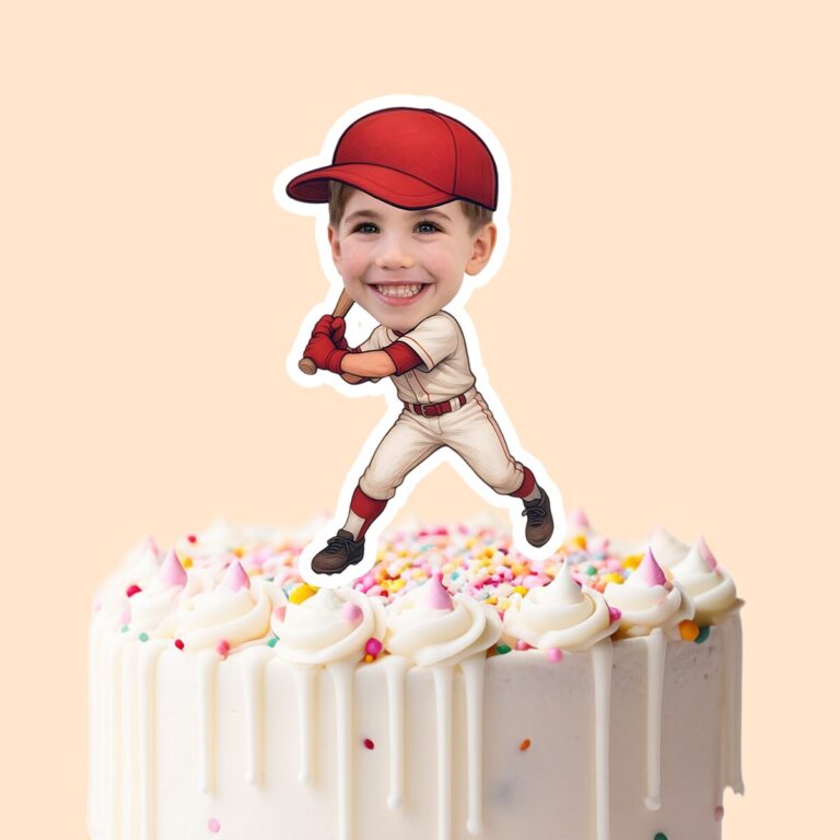 Custom Baseball Batter in Red Cap Face Cutout – Cake Topper Custom Baseball Batter in Red Cap Face Cutout shown on a cake topper mockup