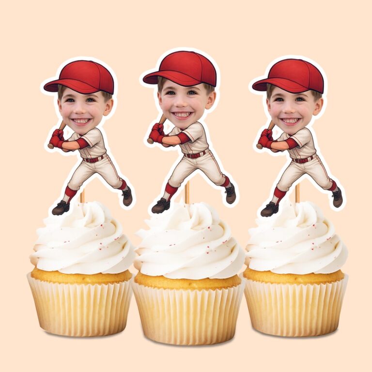 Custom Baseball Batter in Red Cap Face Cutout – Cupcake Topper Custom Baseball Batter in Red Cap Face Cutout shown on a cupcake topper mockup