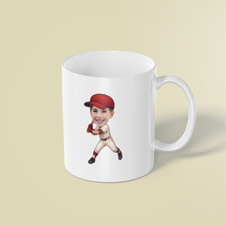 Custom Baseball Batter in Red Cap Face Cutout – Mug Custom Baseball Batter in Red Cap Face Cutout shown on a mug mockup