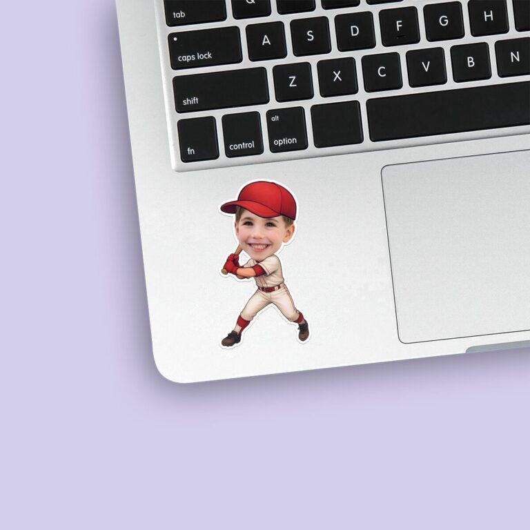 Custom Baseball Batter in Red Cap Face Cutout – Sticker Custom Baseball Batter in Red Cap Face Cutout shown on a sticker mockup