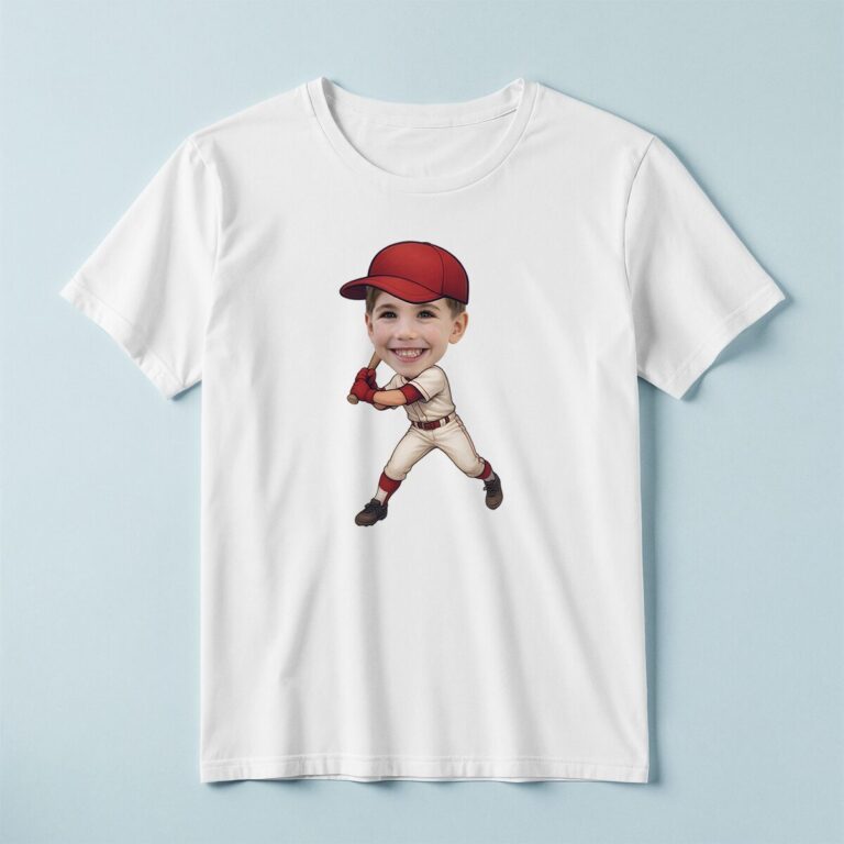 Custom Baseball Batter in Red Cap Face Cutout – T-shirt Custom Baseball Batter in Red Cap Face Cutout shown on a T-shirt mockup