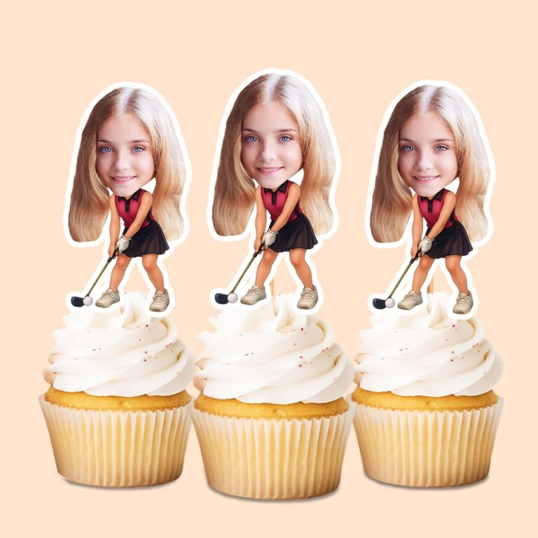 Custom Female Golfer Addressing a Ball Face Cutout – Cupcake Topper Custom Female Golfer Addressing a Ball Face Cutout shown on a cupcake topper mockup