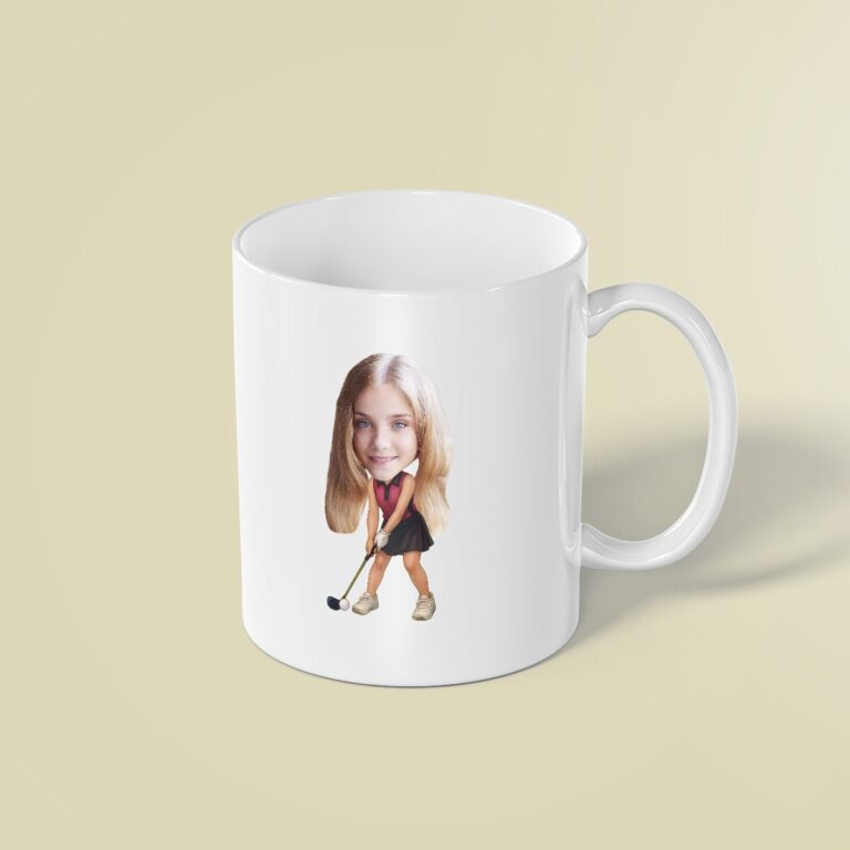 Custom Female Golfer Addressing a Ball Face Cutout – Mug Custom Female Golfer Addressing a Ball Face Cutout shown on a mug mockup