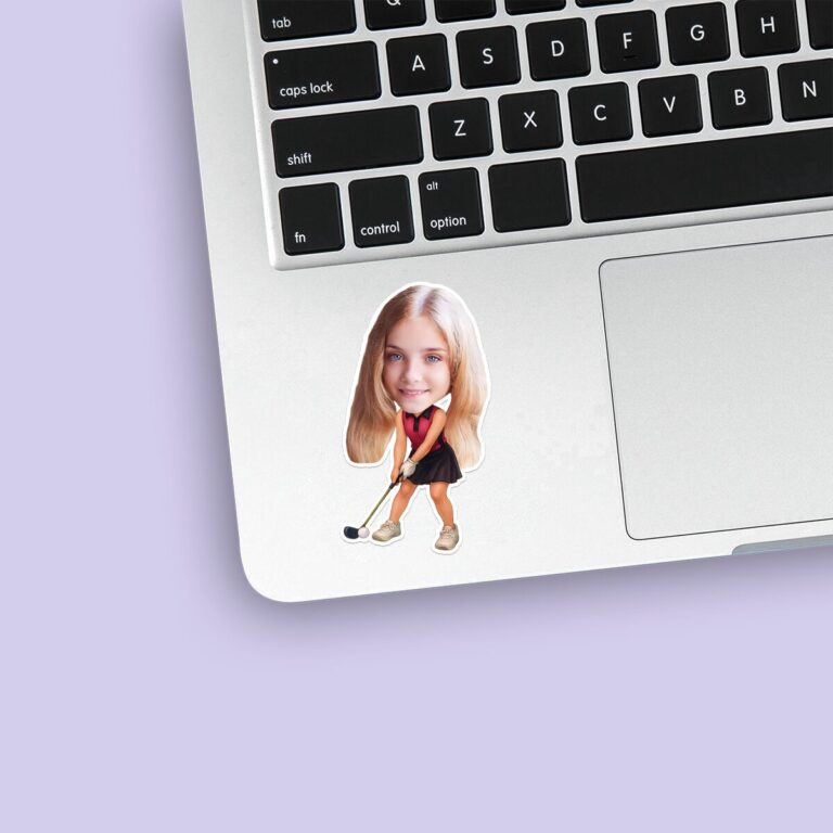 Custom Female Golfer Addressing a Ball Face Cutout – Sticker Custom Female Golfer Addressing a Ball Face Cutout shown on a sticker mockup