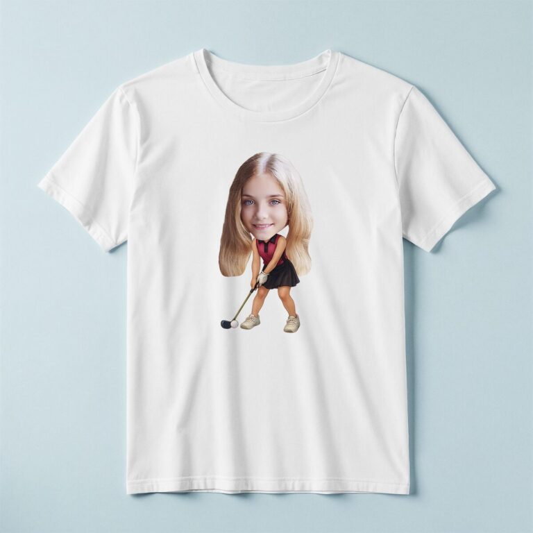 Custom Female Golfer Addressing a Ball Face Cutout – T-shirt Custom Female Golfer Addressing a Ball Face Cutout shown on a T-shirt mockup