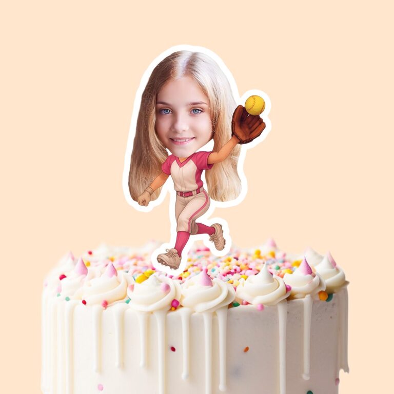 Custom Female Baseball Pitcher Face Cutout – Cake Topper Custom Female Baseball Pitcher Face Cutout shown on a cake topper mockup