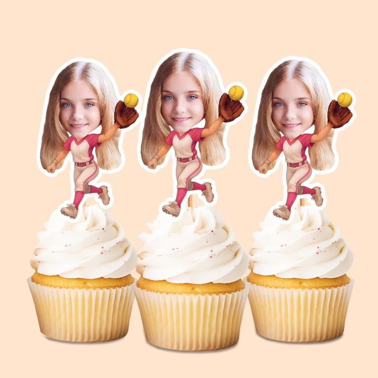 Custom Female Baseball Pitcher Face Cutout – Cupcake Topper Custom Female Baseball Pitcher Face Cutout shown on a cupcake topper mockup