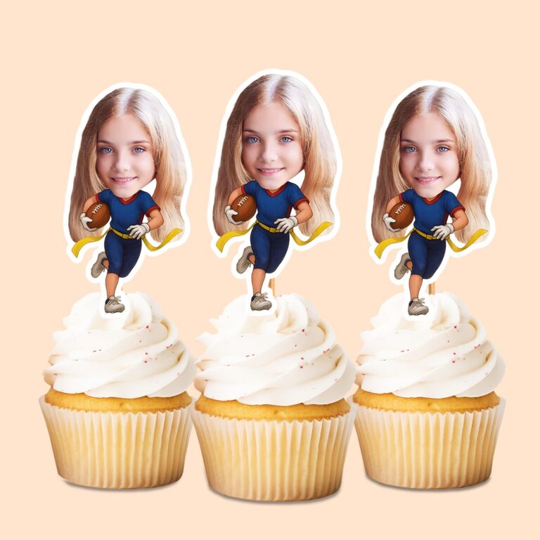 Custom Female American Football Runner Face Cutout – Cupcake Topper Custom Female American Football Runner Face Cutout shown on a cupcake topper mockup
