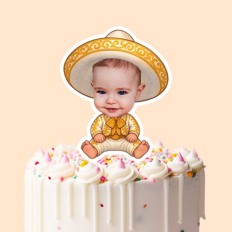 Custom Baby in a Gold Embroidered Charro Face Cutout – Cake Topper Custom Baby in a Gold Embroidered Charro Face Cutout shown on a cake topper mockup