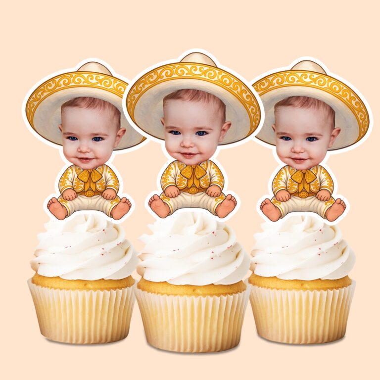 Custom Baby in a Gold Embroidered Charro Face Cutout – Cupcake Topper Custom Baby in a Gold Embroidered Charro Face Cutout shown on a cupcake topper mockup