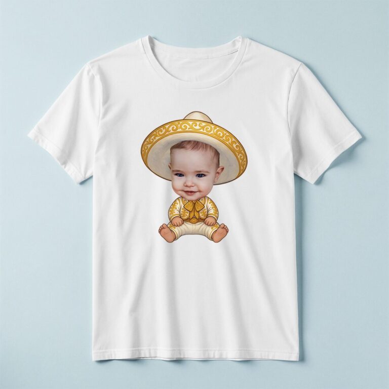 Custom Baby in a Gold Embroidered Charro Face Cutout – T-shirt Custom Baby in a Gold Embroidered Charro Face Cutout shown on a T-shirt mockup