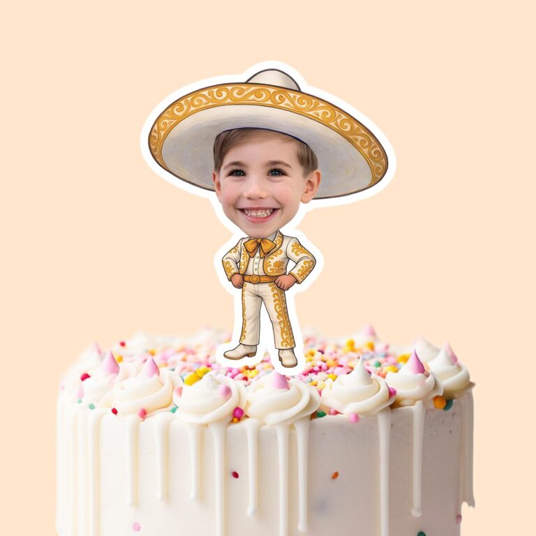 Custom Gold Embroidered Charro Outfit Face Cutout – Cake Topper Custom Gold Embroidered Charro Outfit Face Cutout shown on a cake topper mockup