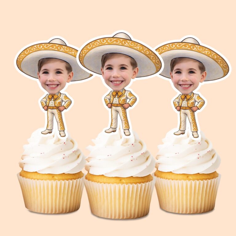 Custom Gold Embroidered Charro Outfit Face Cutout – Cupcake Topper Custom Gold Embroidered Charro Outfit Face Cutout shown on a cupcake topper mockup