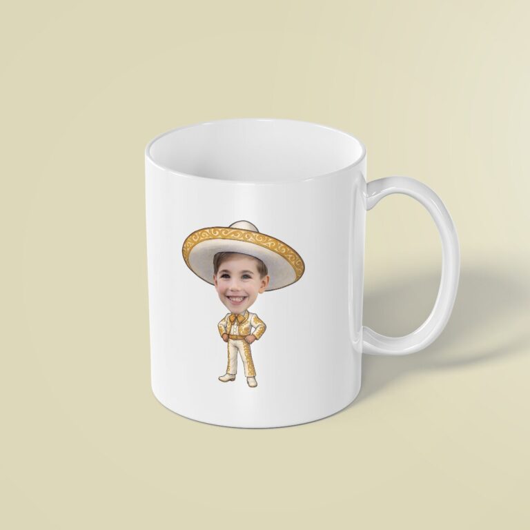 Custom Gold Embroidered Charro Outfit Face Cutout – Mug Custom Gold Embroidered Charro Outfit Face Cutout shown on a mug mockup