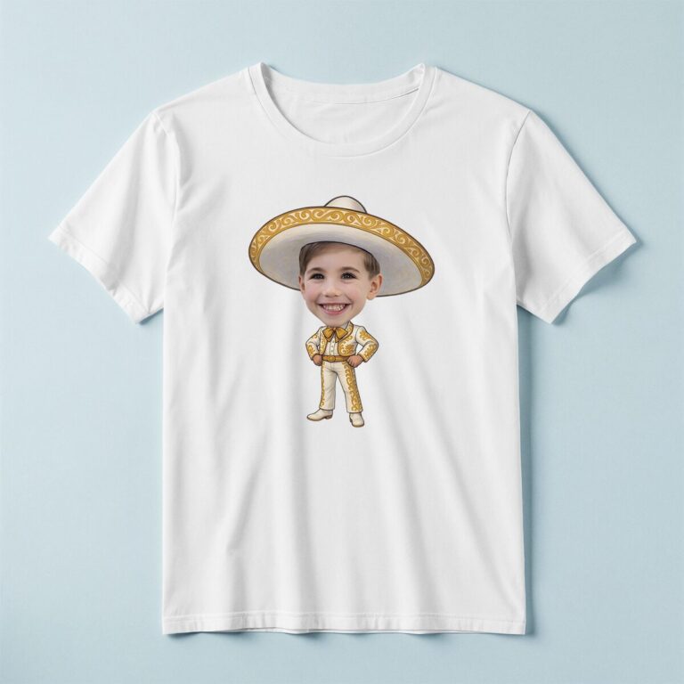 Custom Gold Embroidered Charro Outfit Face Cutout – T-shirt Custom Gold Embroidered Charro Outfit Face Cutout shown on a T-shirt mockup