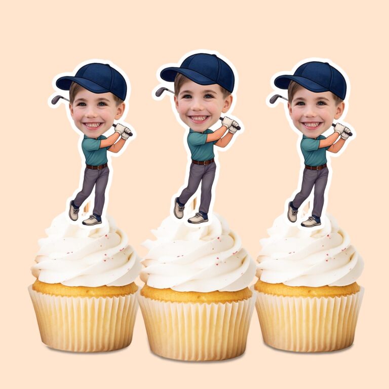 Custom Golfer Completing a Swing Navy Cap Face Cutout – Cupcake Topper Custom Golfer Completing a Swing Navy Cap Face Cutout shown on a cupcake topper mockup