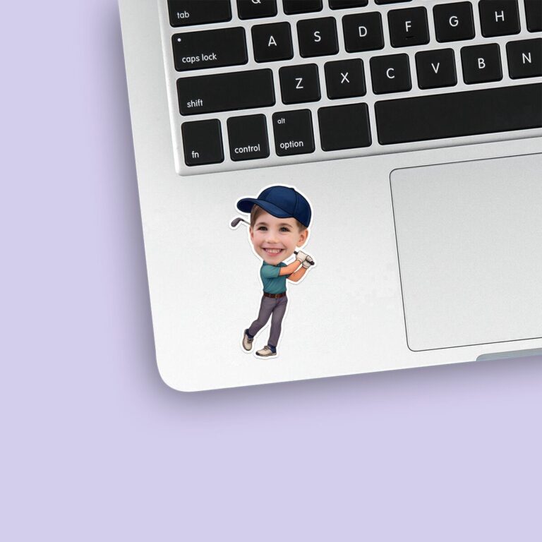Custom Golfer Completing a Swing Navy Cap Face Cutout – Sticker Custom Golfer Completing a Swing Navy Cap Face Cutout shown on a sticker mockup