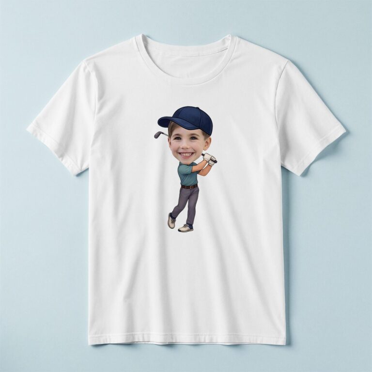 Custom Golfer Completing a Swing Navy Cap Face Cutout – T-shirt Custom Golfer Completing a Swing Navy Cap Face Cutout shown on a T-shirt mockup
