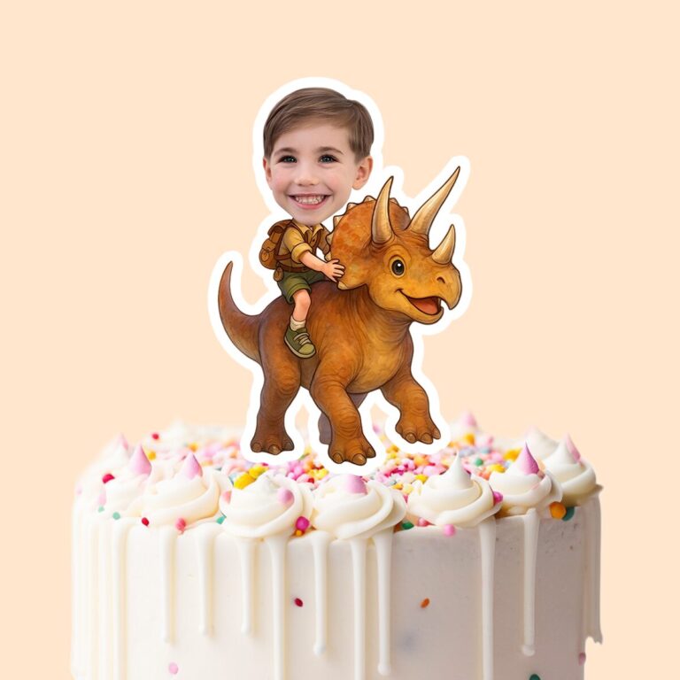 Custom Child Riding an Orange Triceratops Face Cutout – Cake Topper Custom Child Riding an Orange Triceratops Face Cutout shown on a cake topper mockup