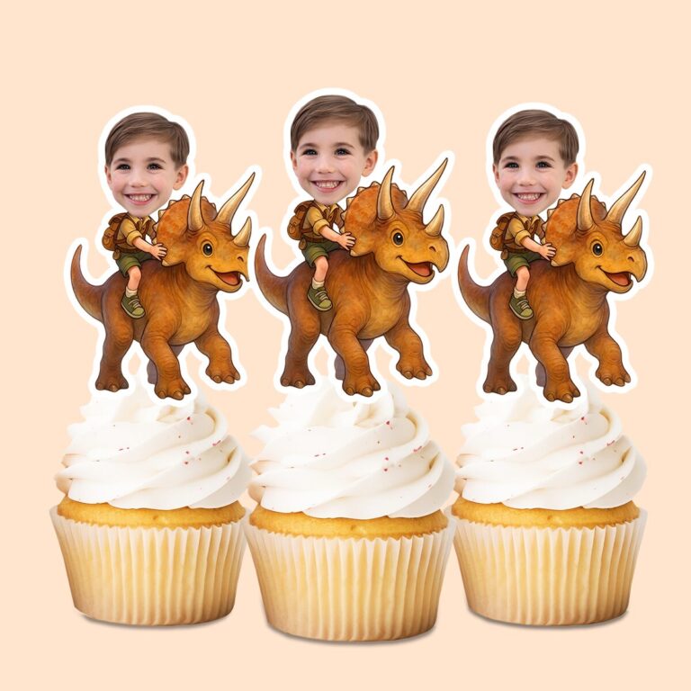 Custom Child Riding an Orange Triceratops Face Cutout – Cupcake Topper Custom Child Riding an Orange Triceratops Face Cutout shown on a cupcake topper mockup