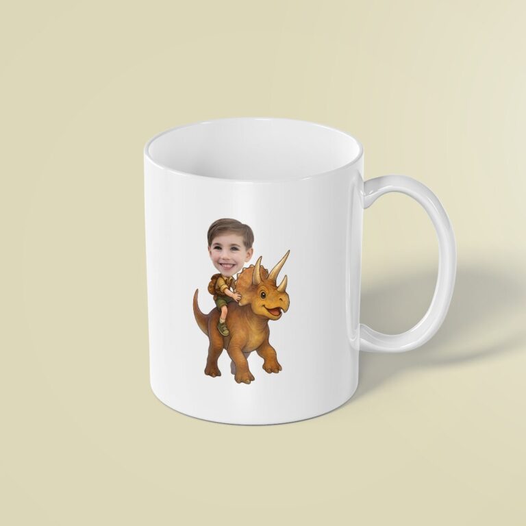 Custom Child Riding an Orange Triceratops Face Cutout – Mug Custom Child Riding an Orange Triceratops Face Cutout shown on a mug mockup