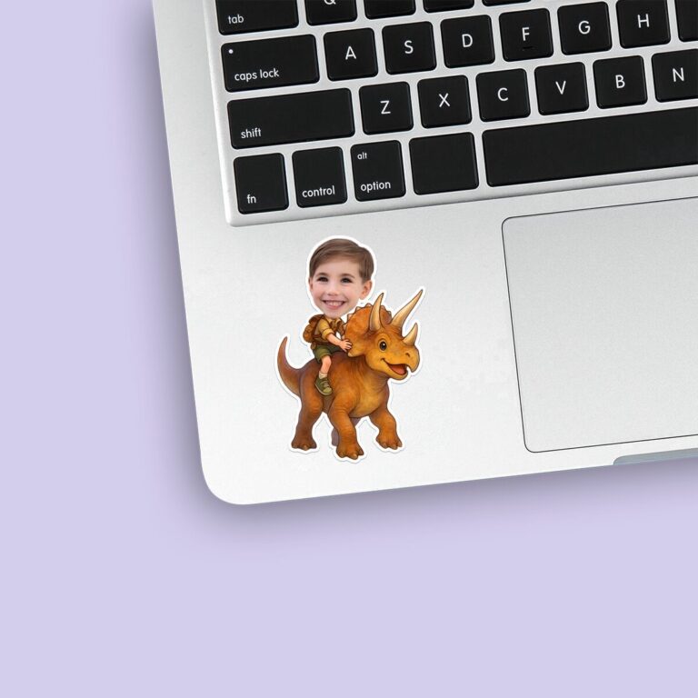 Custom Child Riding an Orange Triceratops Face Cutout – Sticker Custom Child Riding an Orange Triceratops Face Cutout shown on a sticker mockup