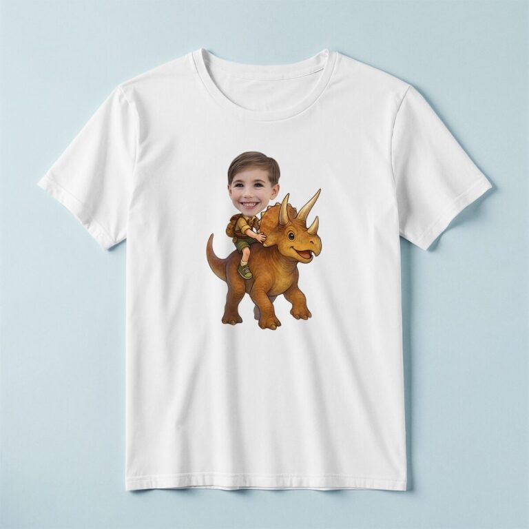 Custom Child Riding an Orange Triceratops Face Cutout – T-shirt Custom Child Riding an Orange Triceratops Face Cutout shown on a T-shirt mockup