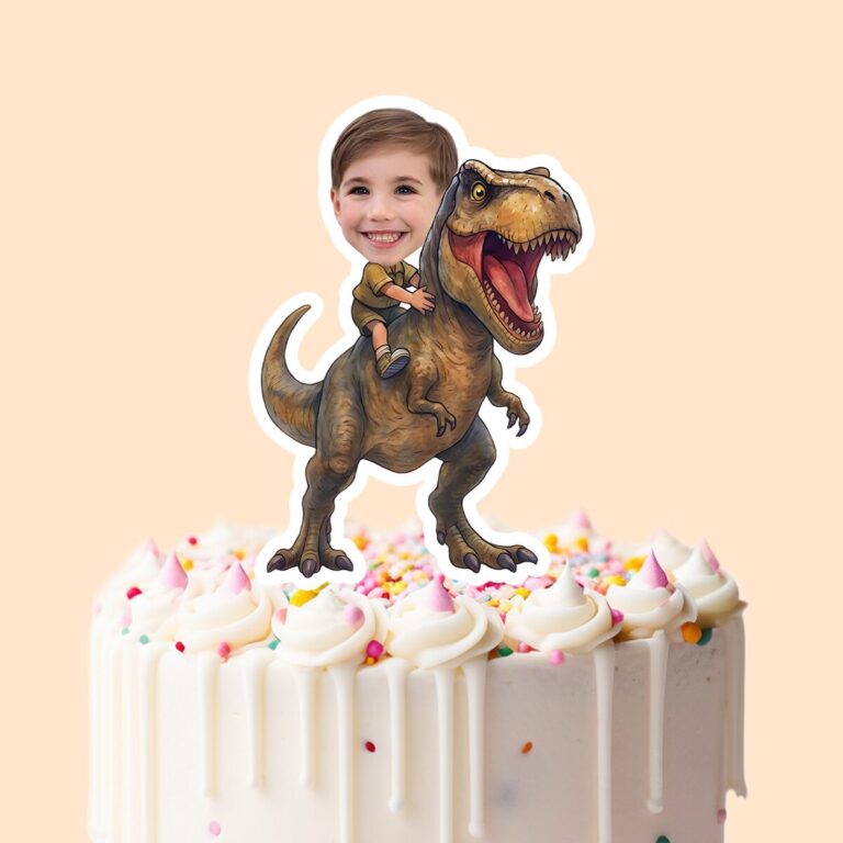 Custom Brown Tyrannosaur Rider Explorer Outfit Face Cutout – Cake Topper Custom Brown Tyrannosaur Rider Explorer Outfit Face Cutout shown on a cake topper mockup