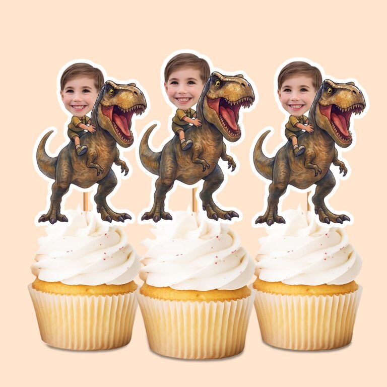 Custom Brown Tyrannosaur Rider Explorer Outfit Face Cutout – Cupcake Topper Custom Brown Tyrannosaur Rider Explorer Outfit Face Cutout shown on a cupcake topper mockup