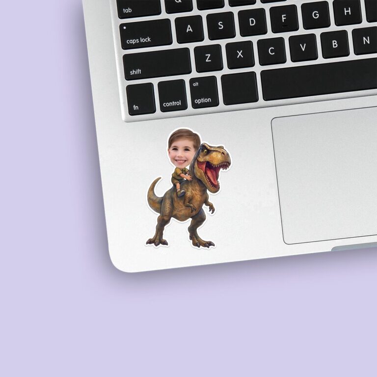 Custom Brown Tyrannosaur Rider Explorer Outfit Face Cutout – Sticker Custom Brown Tyrannosaur Rider Explorer Outfit Face Cutout shown on a sticker mockup