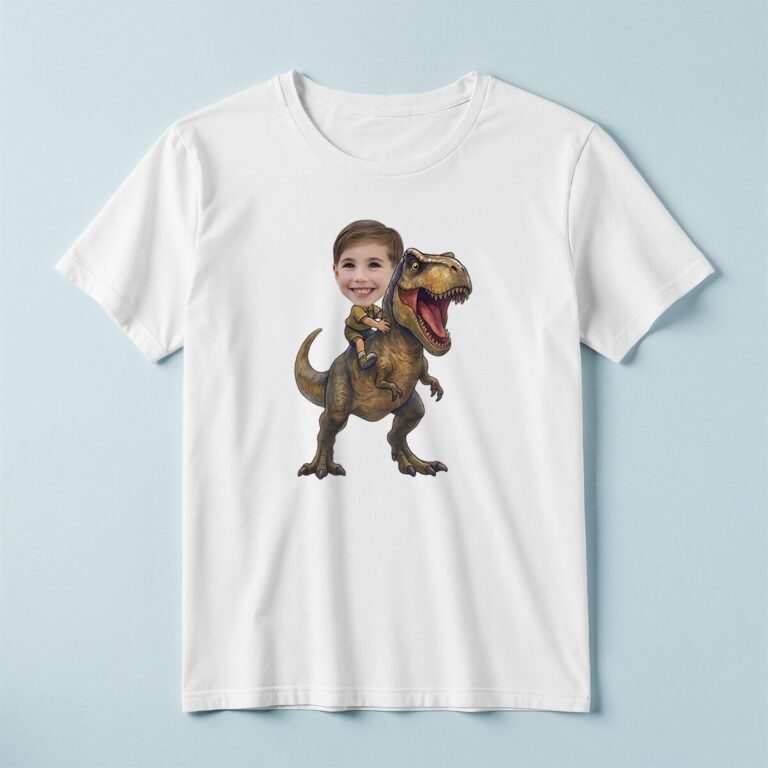 Custom Brown Tyrannosaur Rider Explorer Outfit Face Cutout – T-shirt Custom Brown Tyrannosaur Rider Explorer Outfit Face Cutout shown on a T-shirt mockup