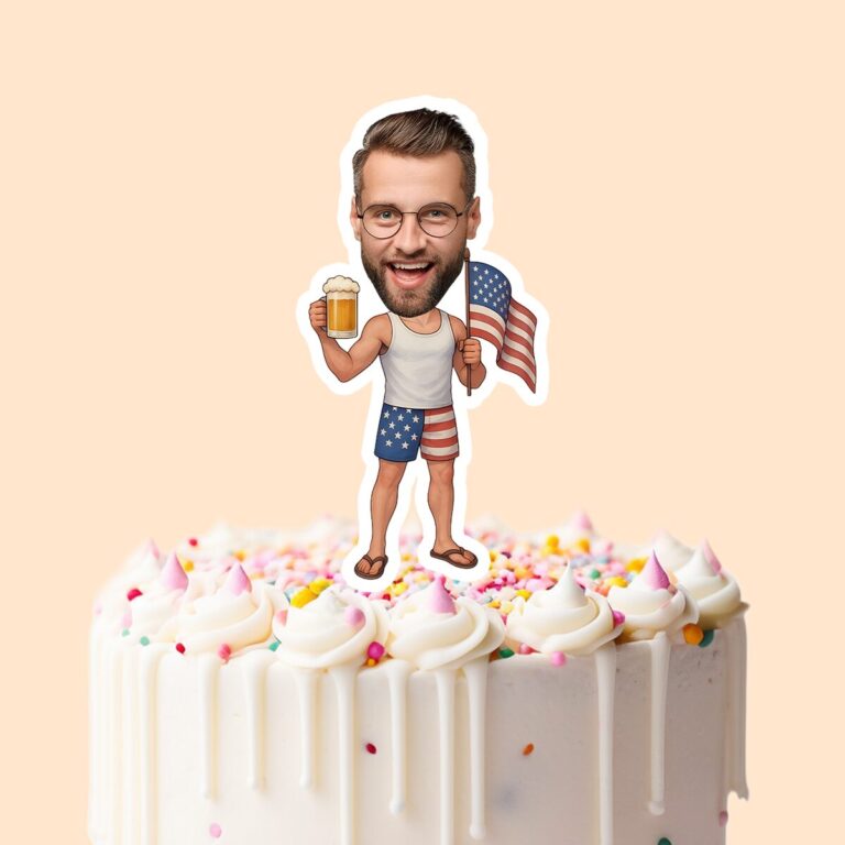 Custom Patriotic Partygoer Face Cutout – Cake Topper Custom Patriotic Partygoer Face Cutout shown on a cake topper mockup