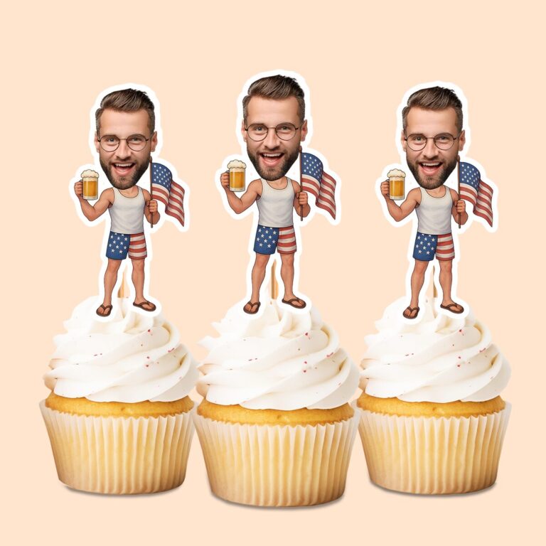 Custom Patriotic Partygoer Face Cutout – Cupcake Topper Custom Patriotic Partygoer Face Cutout shown on a cupcake topper mockup