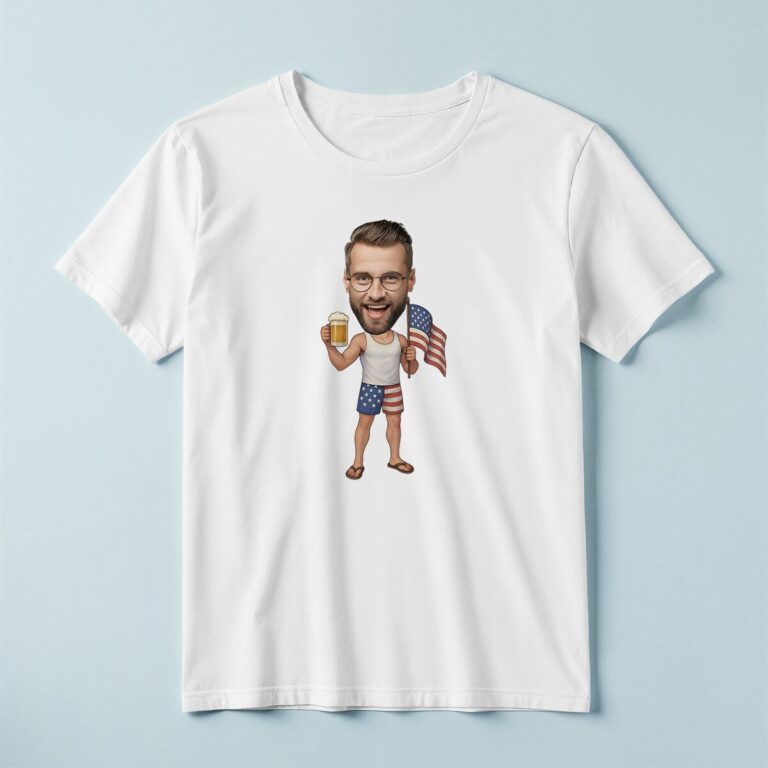 Custom Patriotic Partygoer Face Cutout – T-shirt Custom Patriotic Partygoer Face Cutout shown on a T-shirt mockup