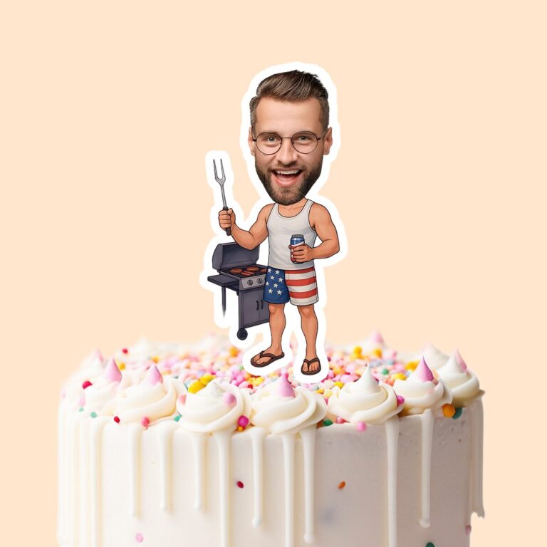 Custom Patriotic Backyard Griller Face Cutout – Cake Topper Custom Patriotic Backyard Griller Face Cutout shown on a cake topper mockup