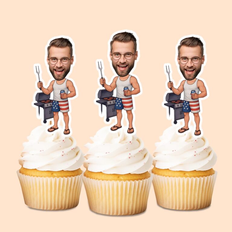 Custom Patriotic Backyard Griller Face Cutout – Cupcake Topper Custom Patriotic Backyard Griller Face Cutout shown on a cupcake topper mockup