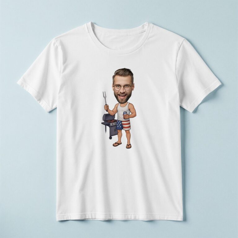 Custom Patriotic Backyard Griller Face Cutout – T-shirt Custom Patriotic Backyard Griller Face Cutout shown on a T-shirt mockup