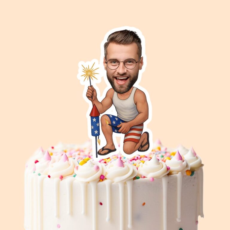Custom Patriotic Fireworks Celebrant Face Cutout – Cake Topper Custom Patriotic Fireworks Celebrant Face Cutout shown on a cake topper mockup