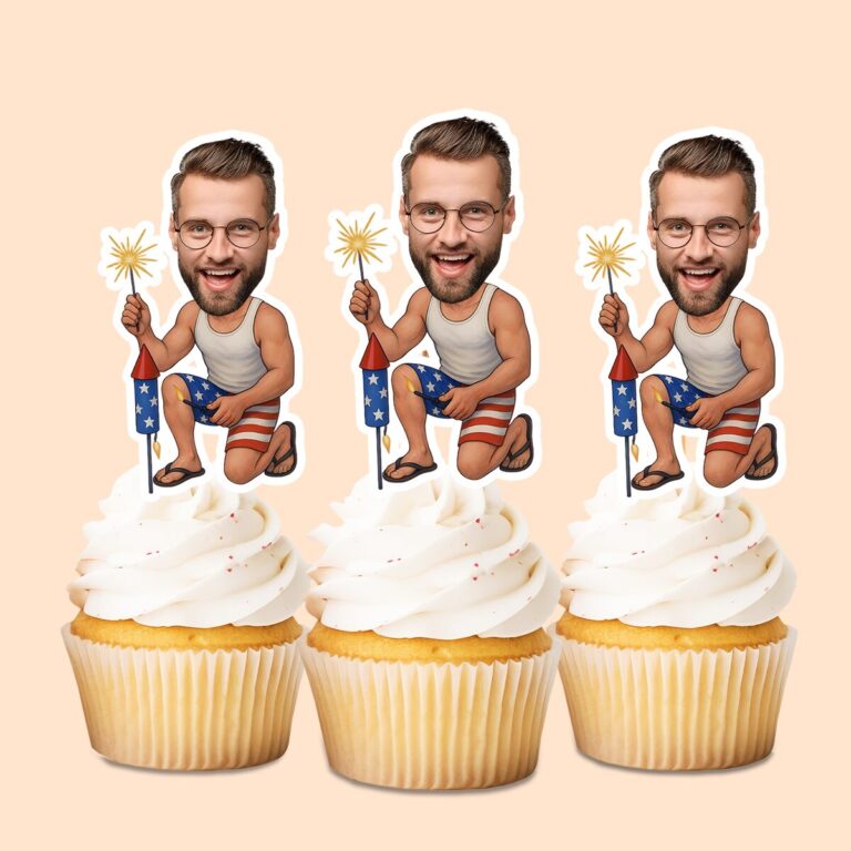 Custom Patriotic Fireworks Celebrant Face Cutout – Cupcake Topper Custom Patriotic Fireworks Celebrant Face Cutout shown on a cupcake topper mockup