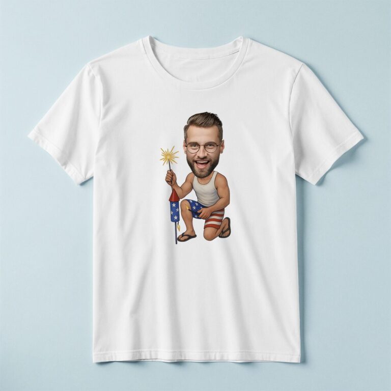 Custom Patriotic Fireworks Celebrant Face Cutout – T-shirt Custom Patriotic Fireworks Celebrant Face Cutout shown on a T-shirt mockup