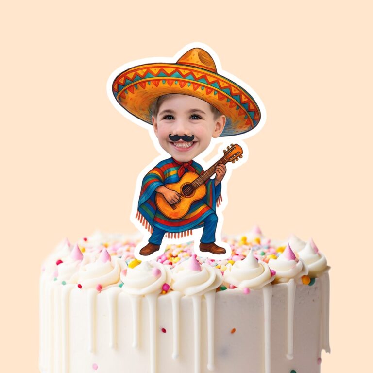 Custom Fiesta Guitarist in a Colorful Sombrero Face Cutout – Cake Topper Custom Fiesta Guitarist in a Colorful Sombrero Face Cutout shown on a cake topper mockup