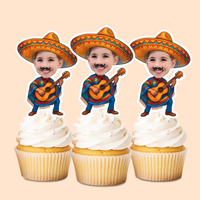 Custom Fiesta Guitarist in a Colorful Sombrero Face Cutout – Cupcake Topper Custom Fiesta Guitarist in a Colorful Sombrero Face Cutout shown on a cupcake topper mockup