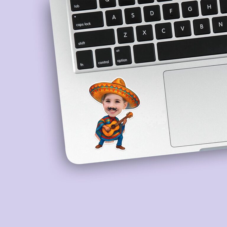 Custom Fiesta Guitarist in a Colorful Sombrero Face Cutout – Sticker Custom Fiesta Guitarist in a Colorful Sombrero Face Cutout shown on a sticker mockup
