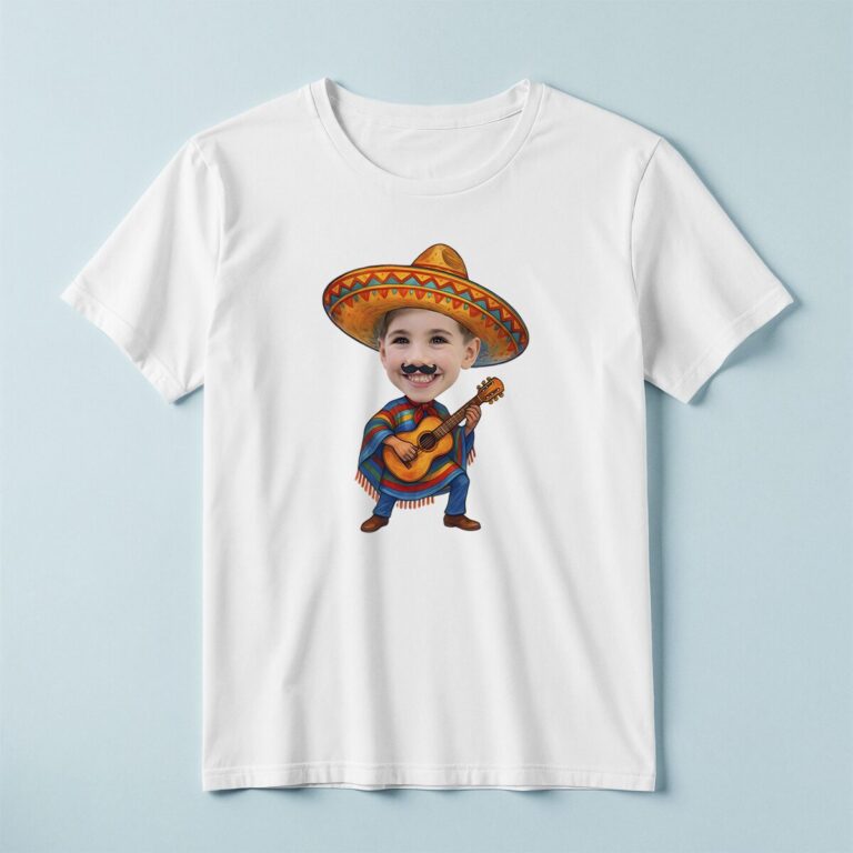 Custom Fiesta Guitarist in a Colorful Sombrero Face Cutout – T-shirt Custom Fiesta Guitarist in a Colorful Sombrero Face Cutout shown on a T-shirt mockup