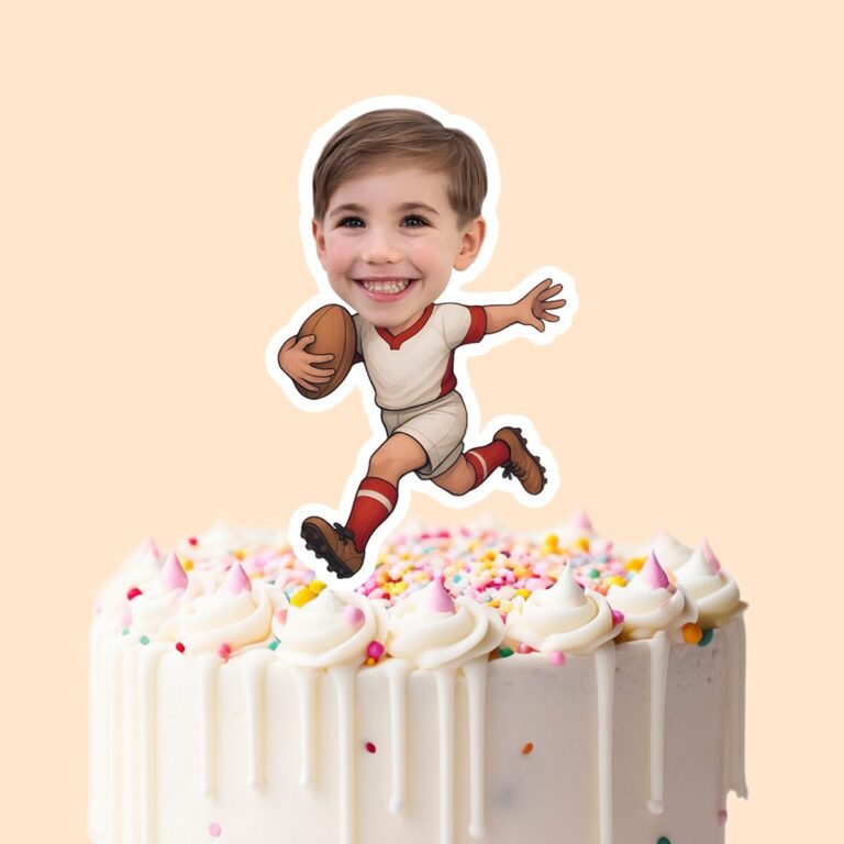 Custom Cream-Uniform Football Runner Face Cutout – Cake Topper Custom Cream-Uniform Football Runner Face Cutout shown on a cake topper mockup