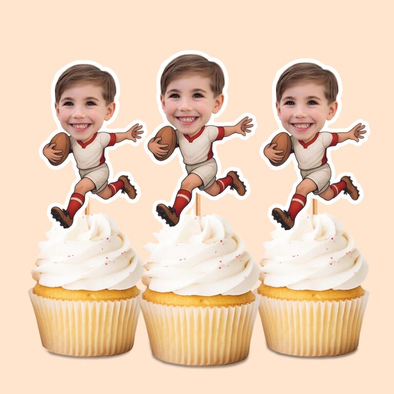 Custom Cream-Uniform Football Runner Face Cutout – Cupcake Topper Custom Cream-Uniform Football Runner Face Cutout shown on a cupcake topper mockup