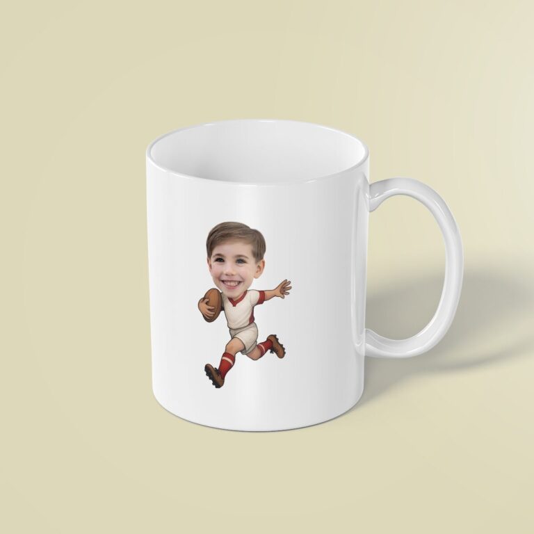 Custom Cream-Uniform Football Runner Face Cutout – Mug Custom Cream-Uniform Football Runner Face Cutout shown on a mug mockup
