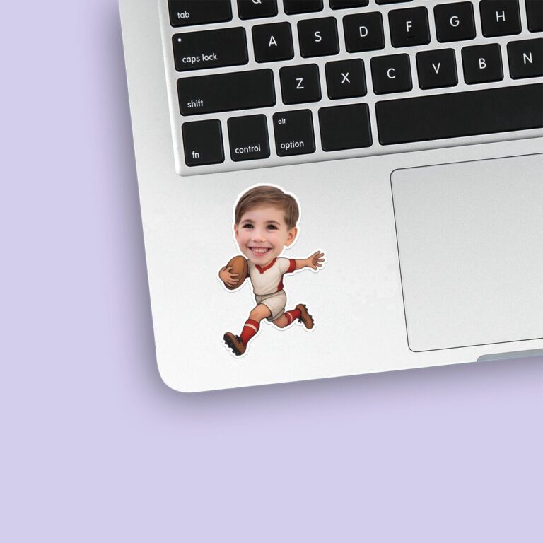 Custom Cream-Uniform Football Runner Face Cutout – Sticker Custom Cream-Uniform Football Runner Face Cutout shown on a sticker mockup