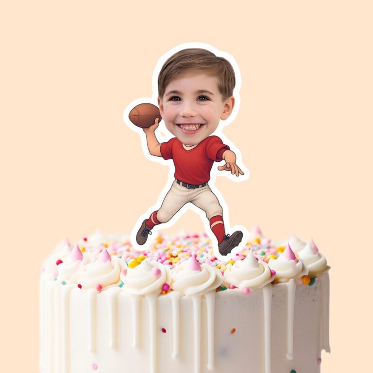 Custom Red-Shirt Football Thrower Face Cutout – Cake Topper Custom Red-Shirt Football Thrower Face Cutout shown on a cake topper mockup