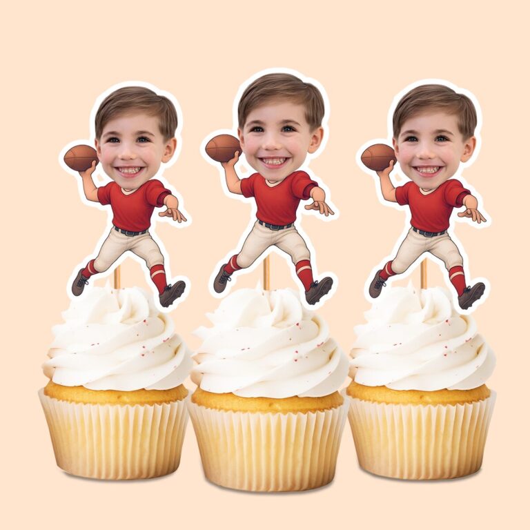 Custom Red-Shirt Football Thrower Face Cutout – Cupcake Topper Custom Red-Shirt Football Thrower Face Cutout shown on a cupcake topper mockup